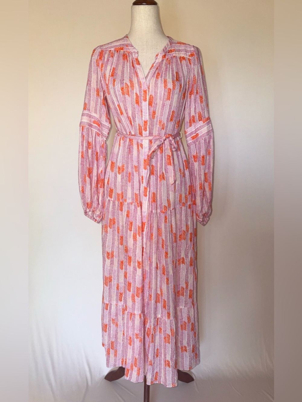 Lemlem Chevron Printed Maxi Shirt Dress with Metallic Gold Details Size M